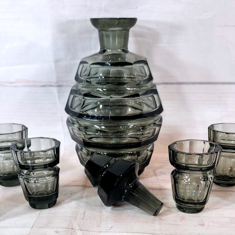 Moser Smoked Grey Decanter Stopper and Shot Glasses Set - Vintage Barware‎ - Picture 5 of 9